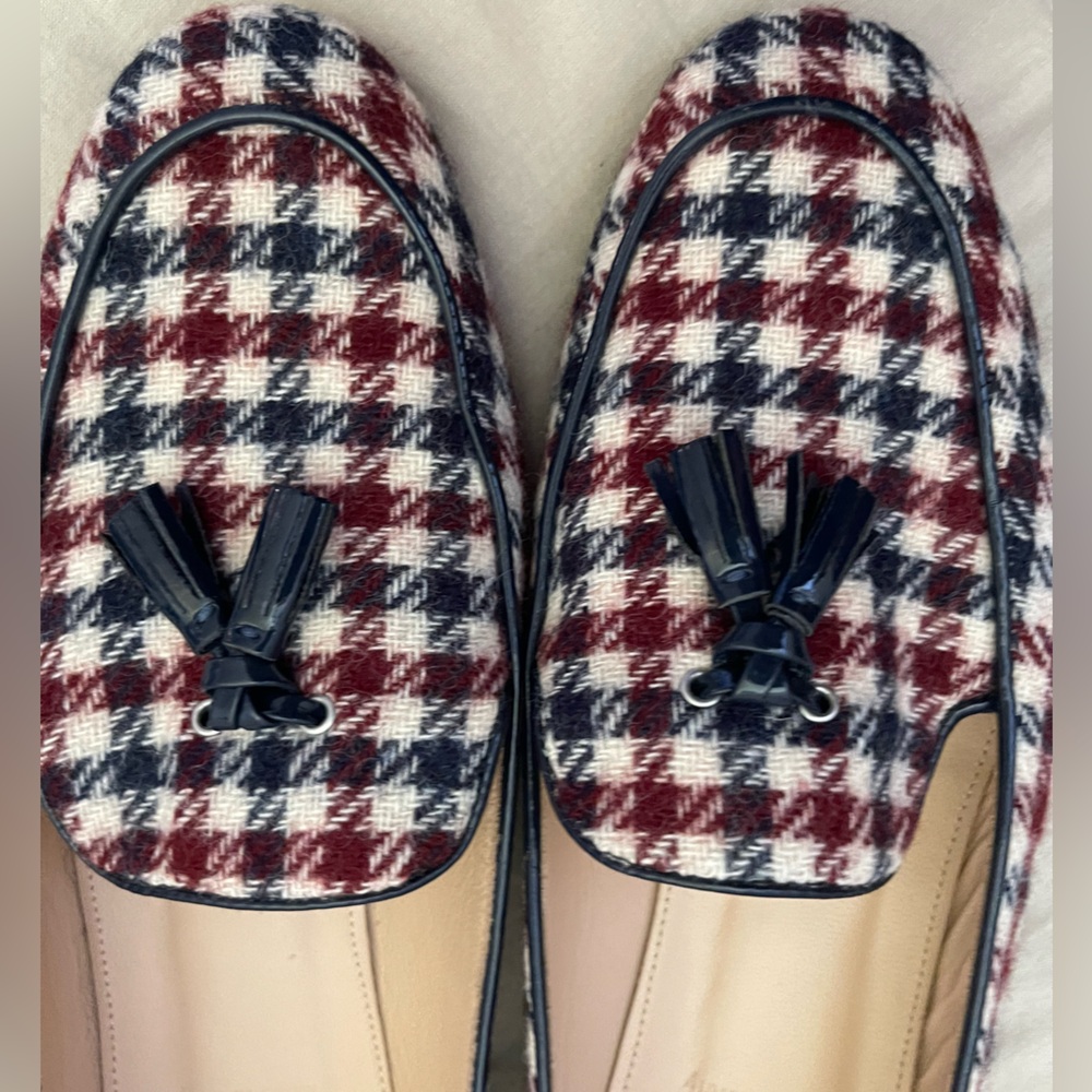 J. CREW Charlie Tassel Loafers Burgandy, White & Navy Blue Tweed Houndstooth 🎉 - Picture 11 of 15